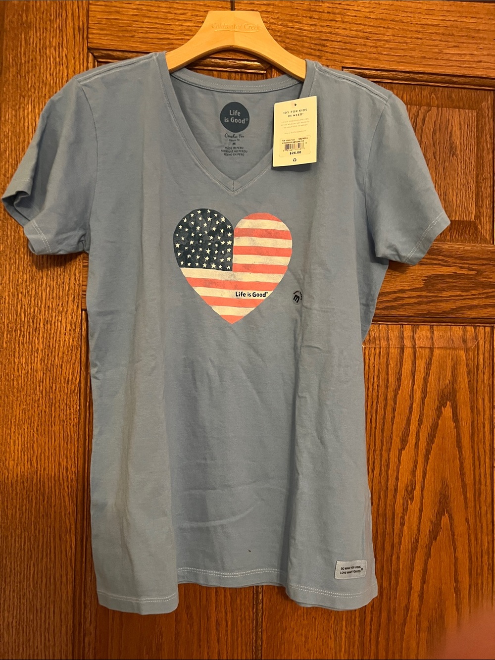 Life Is Good Light Blue V-Neck Tee with American Flag Heart